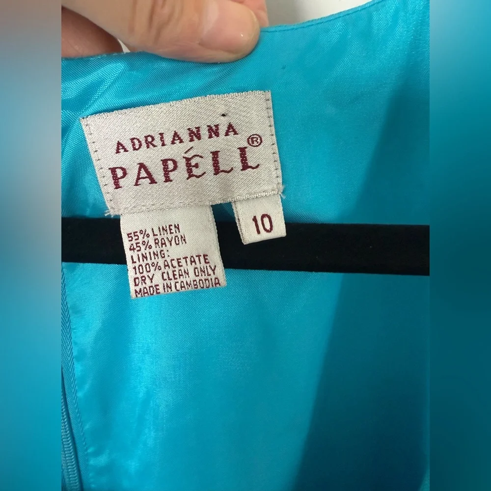 Vintage 80s 90s Adriana Papell Turquoise Fitted Linen Side Tie Gorgeous Dress - Picture 8 of 15
